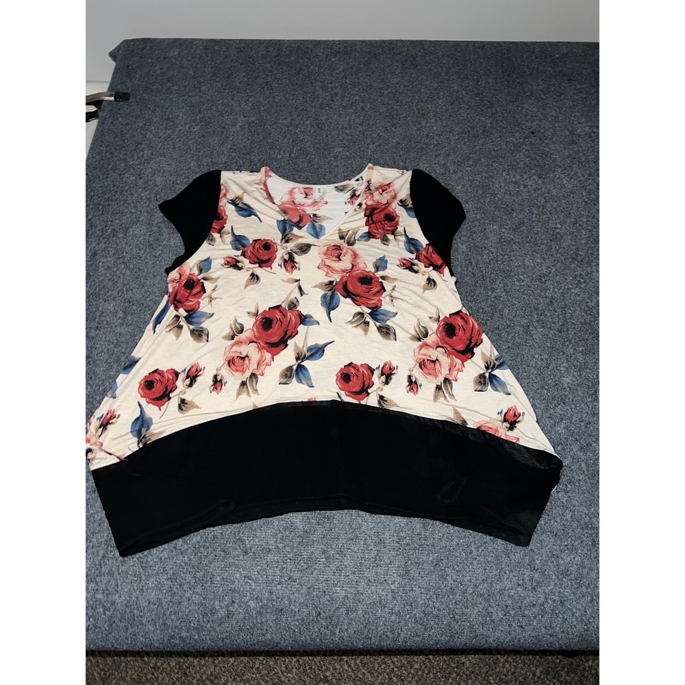 R Rouge Floral Short Sleeve Top 1XL Cream Red Rose High Low Blouse